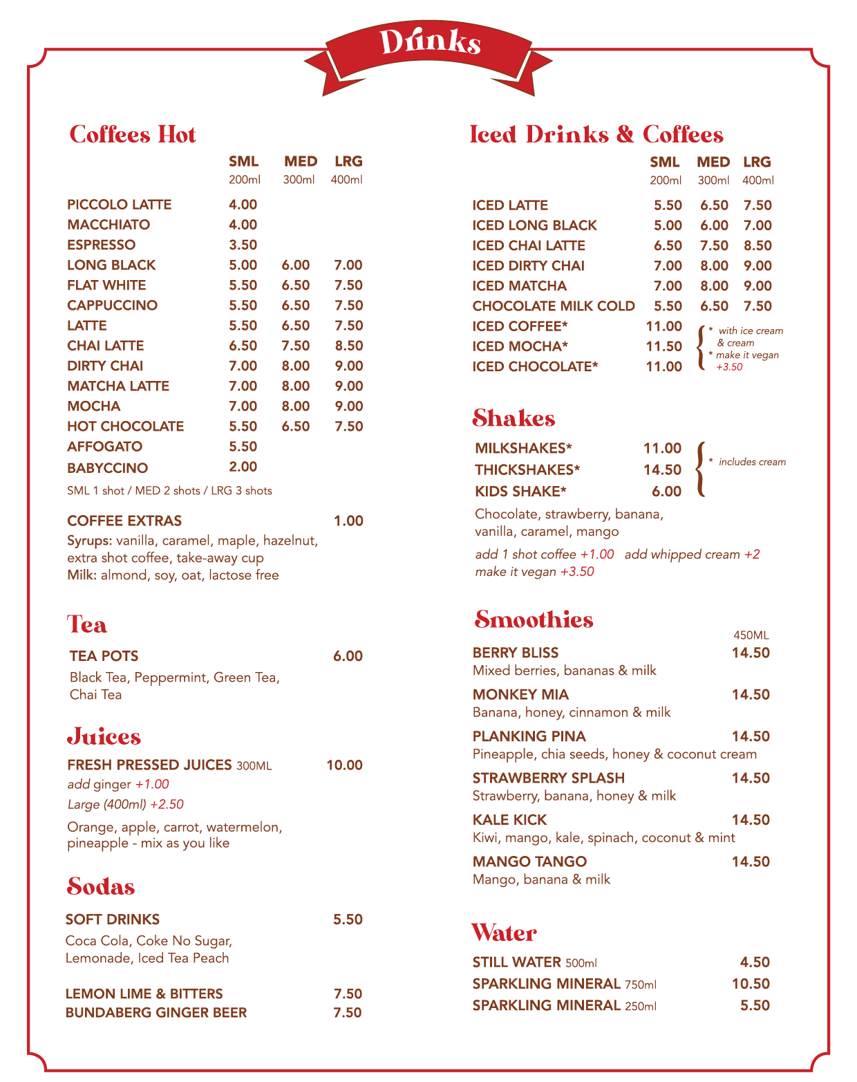 Helga's Menu - Drinks